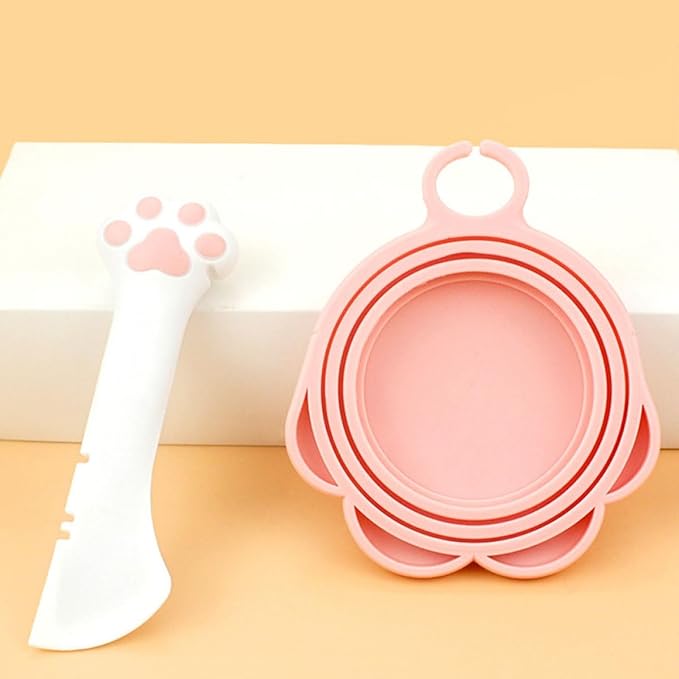 Lurrose Multifunctional Pet Can Spoon and Plastic Seal Lid Set, White Spoon with Pink Cover, Manual Pet Tin Opener for Dog Food Storage and Feeding Supplies