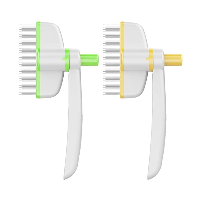 Pet Hair Removal Comb, 2025 Upgraded One Click Self Cleaning Grooming Brush, Cat Brush Comb with Non slip Handle for Short & Long Hair, Pet Grooming Supplies for Cats & Dogs Massaging (green+yellow)