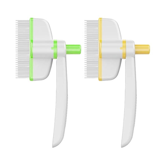 Pet Hair Removal Comb, 2025 Upgraded One Click Self Cleaning Grooming Brush, Cat Brush Comb with Non slip Handle for Short & Long Hair, Pet Grooming Supplies for Cats & Dogs Massaging (green+yellow)