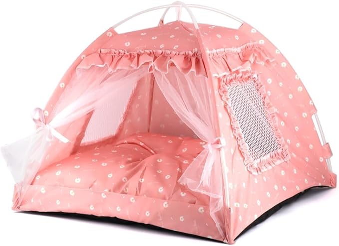 pawstrip Dog Tent Indoor Cat House Pink Puppy Bed Portable Pet Teepe Princess Dog Camping Tent Outdoor Kitten Houses Cute Bunny Nest Girl Kitty Cave (M, Pink)