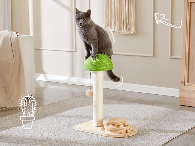 Mushroom Cat Scratching Post with Sisal Rope and Interactive Ball Track – 2-in-1 Wooden Cat Scratcher with Dangling Ball Toy and 20-Inch Scratch Pad for Indoor Cats
