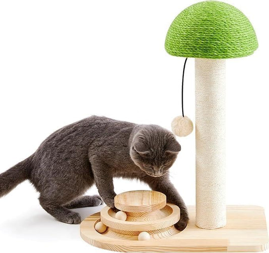 Mushroom Cat Scratching Post with Sisal Rope and Interactive Ball Track – 2-in-1 Wooden Cat Scratcher with Dangling Ball Toy and 20-Inch Scratch Pad for Indoor Cats