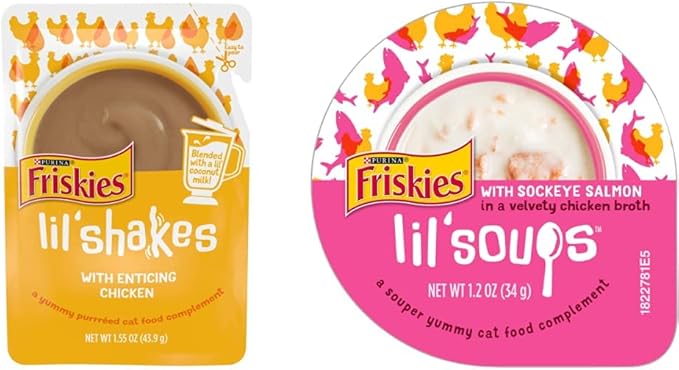Purina Friskies Wet Cat Food Complement Lil' Shakes Natural, Grain Free Wet Cat Food Complement, Lil' Soups with Sockeye Salmon in Chicken Broth - (8) 1.2 oz. Cups