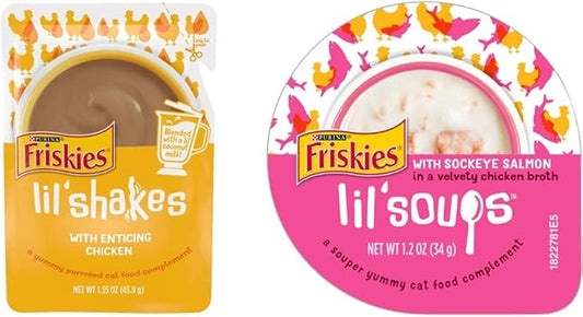 Purina Friskies Wet Cat Food Complement Lil' Shakes Natural, Grain Free Wet Cat Food Complement, Lil' Soups with Sockeye Salmon in Chicken Broth - (8) 1.2 oz. Cups