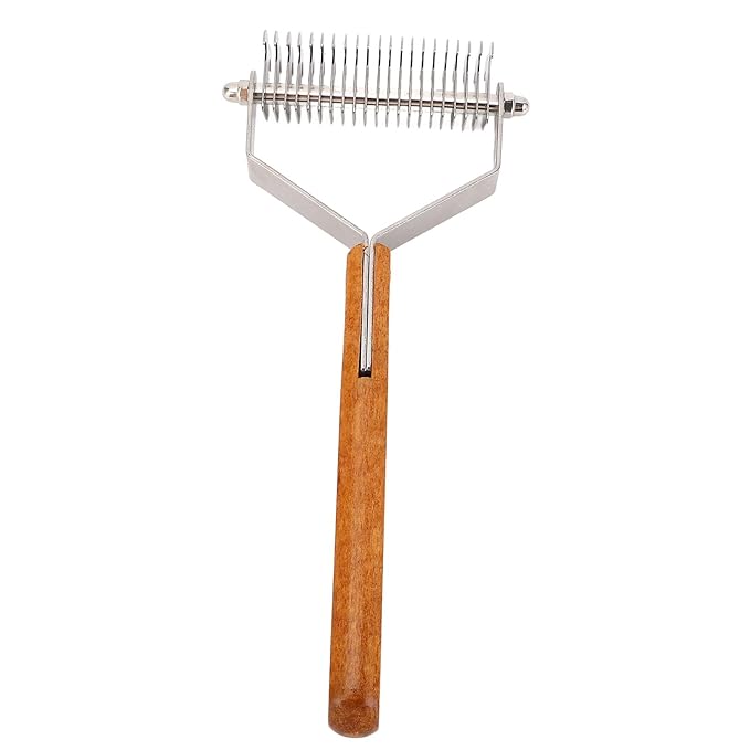 Focket Cat Grooming Brush, Stainless Steel Double Sided Pet Grooming Rake Ergonomic Anti Slip Wood Handle Pet Hair Removal Tool for Cats and Dogs (Large Size (24x18.5cm / 9.4x7.3in))