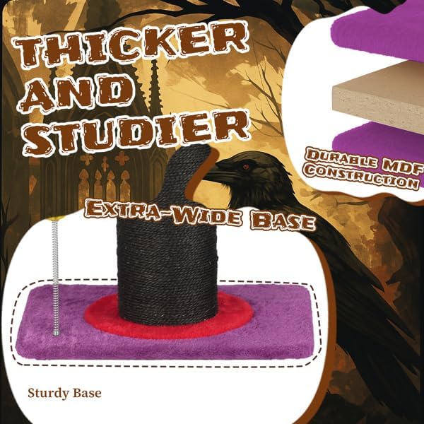 Halloween Wizard Hat Cat Scratching Post with Spring Ball Toy – Black Sisal Rope, Purple Spooky Theme, Durable MDF Base – Fun Indoor Scratcher for Cats & Kittens