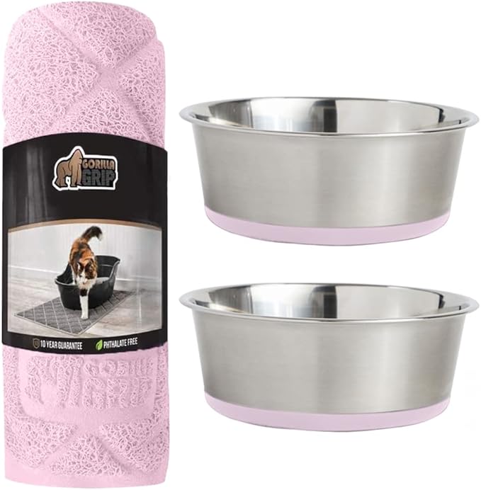Gorilla Grip Thick Cat Litter Trapping Mat and Stainless Steel Dog Bowls Set of 2, Cat Mat is 35x23 Inch, Stainless Steel Dog Bowls Hold 2 Cups, Both in Light Pink Color, 2 Item Bundle