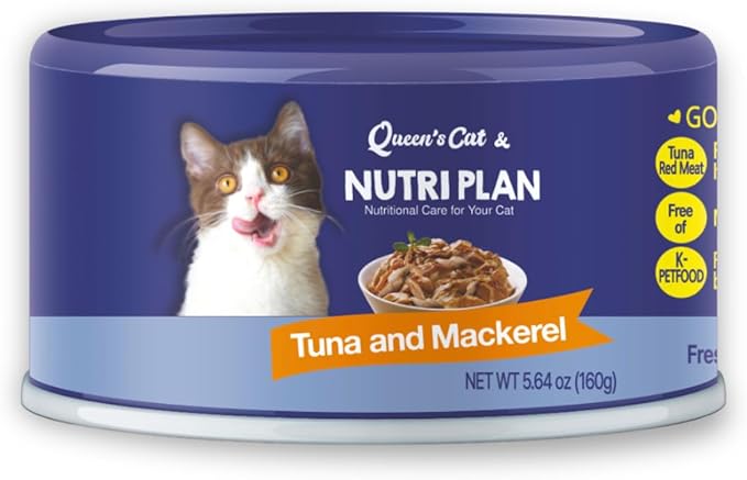 Queen's Cat & NUTRI PLAN Wet Cat Food Gourmet Tuna & Mackerel Meat Recipe 5.64 oz Cans, High Protein Taurine Rich, No Added Preservatives or Seasonings, Complete Balanced Nutrition, Pack of 24