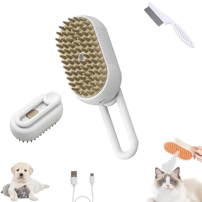 Pet Spritz Cat Defur Comb for Cats Dogs, 3-in-1 Self Cleaning Silicone Cat Steam Brush, Silicone Bristle Head 360° Rotating Pet Steam Brush (White)