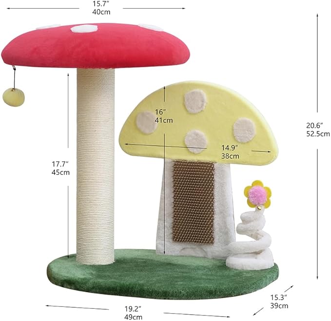 PetPals Mushroom Cat Perch Tree with Replaceable Nature Sisal Scratching Post, Multi-Functional Mushroom Cat Tower with Self Grooming Brush and Spring Toy, for Indoor Kittens, 20“High, Multi-Color