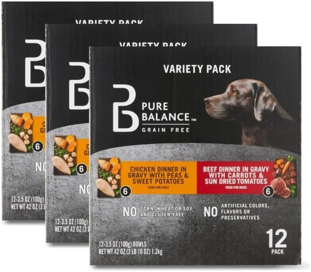 (3 Pack) ~ Pure Balance Grain Free Chicken Dinner in Gravy & Beef Dinner in Gravy Wet Dog Food Variety Pack ~ 3.5 Oz ~ 12 Count ~ (36 of 3.5 Oz Cups).