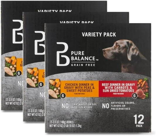 (3 Pack) ~ Pure Balance Grain Free Chicken Dinner in Gravy & Beef Dinner in Gravy Wet Dog Food Variety Pack ~ 3.5 Oz ~ 12 Count ~ (36 of 3.5 Oz Cups).