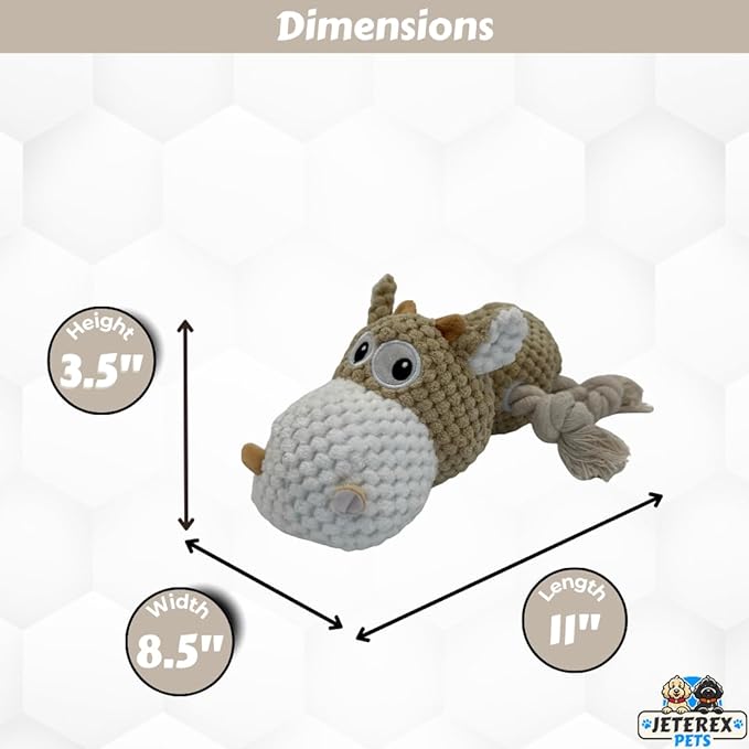 Large Dog Toy - Tan Cow Squeaky Dog Toys for Large Dogs, Medium and Small Dogs. Durable with Pineapple Plush Fabric, Rope Legs, Hidden Seams, Reinforced Stress Points, Embroidered Eyes