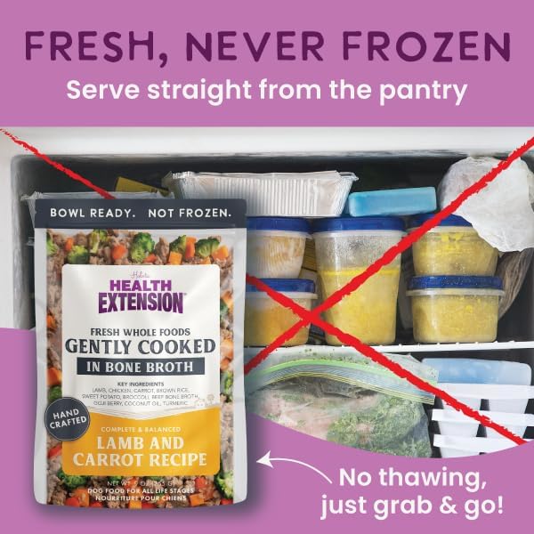 Health Extension Gently Cooked Lamb & Carrot Dog Food, Human-Grade & Shelf-Stable with Superfoods, Supports Digestion, Immunity, Skin & Coat, 3 oz Pouch (Pack of 10)