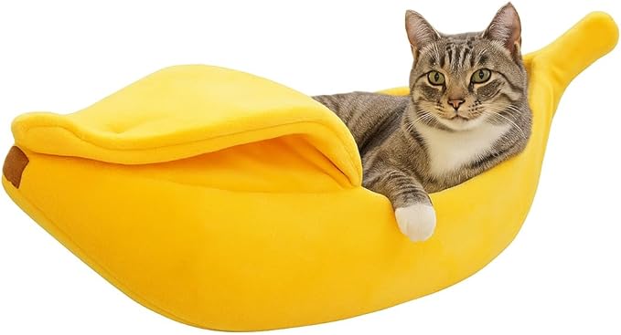 Banana Cat Bed for Cats & Small Dogs – Funny Yellow Plush Pet Cave, Comfy Indoor Hideaway for Kittens, Puppies, and Small Pets