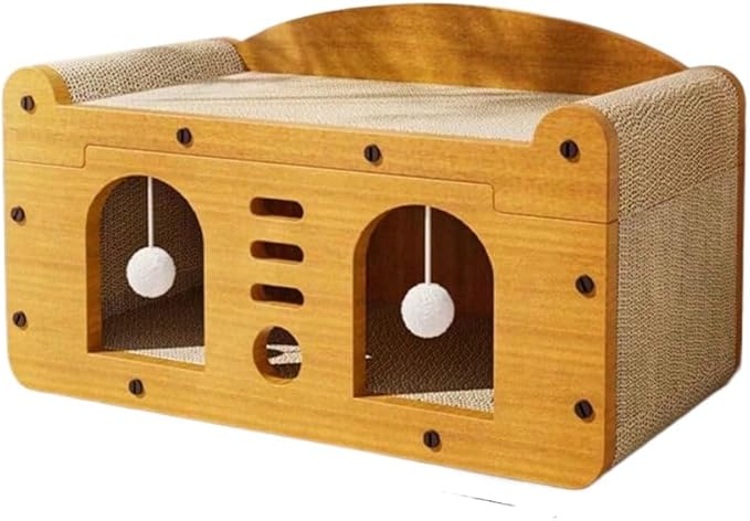 Multi-Function Cat Scratcher House Box,3-in-1 Scratch Pad and Soft Bed & Play Cave with Toys, Durable Build & Ideal for Cats/Kitty (Yellow,MD-DOOR1)