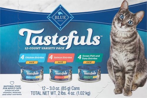 Blue Buffalo Tastefuls Natural Pate Wet Cat Food Variety Pack,Salmon,Chicken,Ocean Fish & Tuna Entrées 3-oz Cans (- 4 of Each Flavor),(Pack of 24)