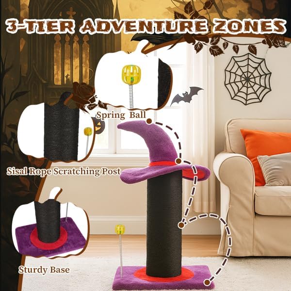 Halloween Wizard Hat Cat Scratching Post with Spring Ball Toy – Black Sisal Rope, Purple Spooky Theme, Durable MDF Base – Fun Indoor Scratcher for Cats & Kittens