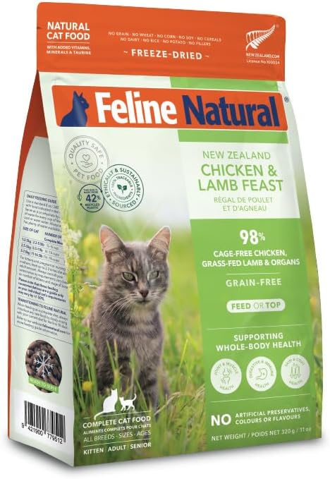 Feline Natural High Protein Dry Cat Food, Freeze-Dried Diet with 98% Meat, Organs & Seafood, No Peas, Grains, or Artificial Additives, Made in New Zealand, Chicken & Lamb, 11oz
