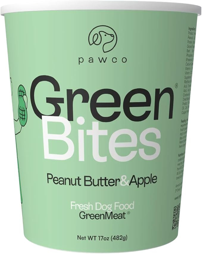 Pawco Fresh Dog Food – Supports Energy, Digestion & Overall Health – Peanut Butter & Apple Recipe with Sweet Potato, Flaxseed, Omega-3 & Probiotics – GreenBites – Pack of 10 x 17oz