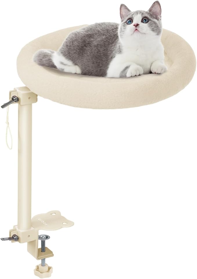 Cat Desk Bed,Steel Cat Bed for Desk,Up and Down Available,360° Rotating, Shelf Height Adjustable, Desktop Attachment Cats Nest Perch Hammock for Office Game Tables, Supports 40lb（Beige）