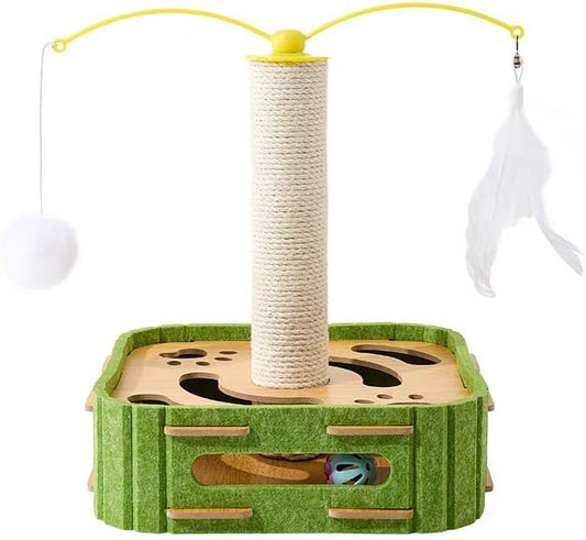 Cat Scratching Post Premium Basics Kitten Scratcher Sisal Scratch Posts with Rotating Teaser Wand, Hanging Balls, Interactive cat Toy Box, 14in for Kittens or Smaller Cats