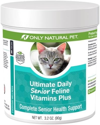 ONLY NATURAL PET Ultimate Daily Senior Feline Multivitamin w/Taurine & L-Lysine – Nutritional Supplement Powder for Adult & Older Cats – Immune & Joint Support – Complete Vitamin Formula, 3.2oz