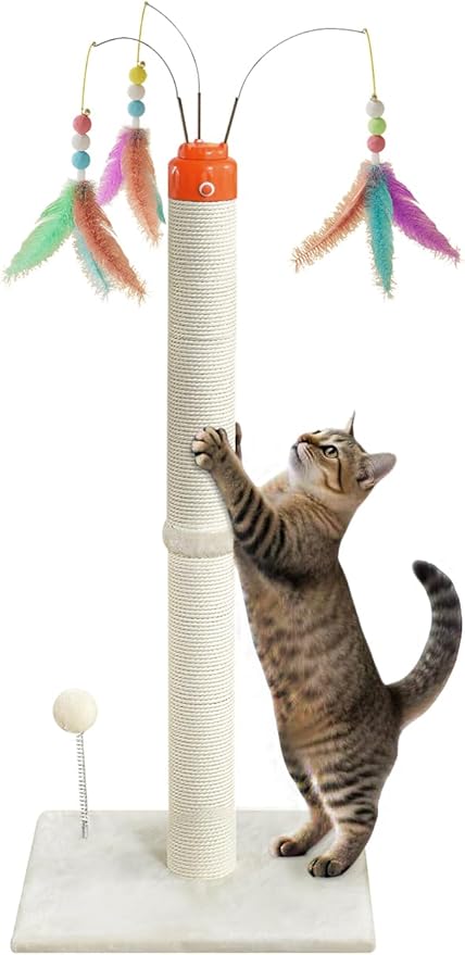 Cat Scratching Post ，33.4" Tall Automatic Teaser Wand Scratching Post with Sisal Rope，Interactive Automatic Rotating Hanging Balls Cat Toys for Indoor Cats