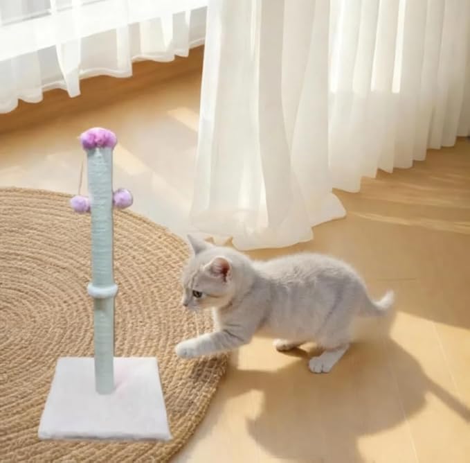Sisal Cat Scratching Post, Tall Climbing Pole with Pom Poms, Pink and Gray