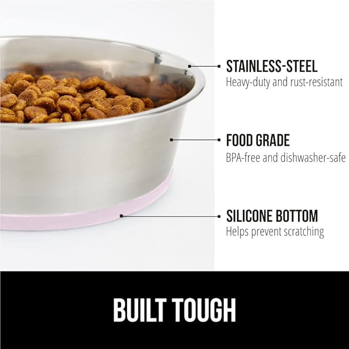 Gorilla Grip Thick Cat Litter Trapping Mat and Stainless Steel Dog Bowls Set of 2, Cat Mat is 35x23 Inch, Stainless Steel Dog Bowls Hold 2 Cups, Both in Light Pink Color, 2 Item Bundle