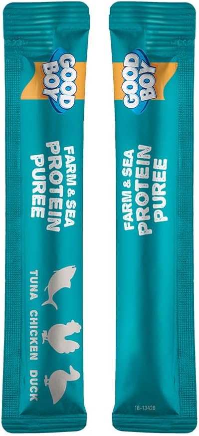 Good Boy Farm & Sea Protein Purees Dog Food Mixers for All Adult Dogs, 10 Count, Easy Single-Serve Triple Flavor Topper Treats with Tuna, Chicken and Duck