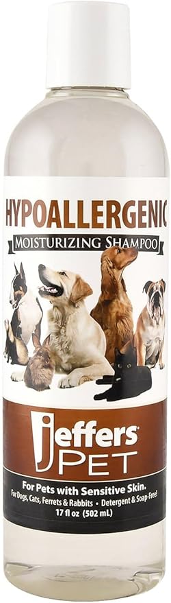 Jeffers Pet Hypoallergenic Shampoo for Dogs, Cats, and Small Pets 17 oz – Tearless, Soap Free, Moisturizing Formula with Aloe Vera, Vitamins A, D & E – Gentle for Sensitive Skin – Made in USA