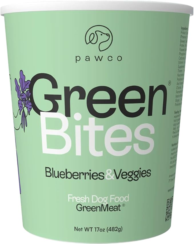 Pawco Fresh Dog Food – Supports Energy, Digestion & Overall Health – Blueberry Recipe with Spinach, Carrots, Flaxseed, Antioxidants & Probiotics – GreenBites – Pack of 10 x 17oz