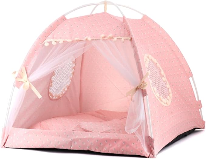 pawstrip Dog Tent Indoor Cat House Pink Puppy Bed Portable Pet Teepe Princess Dog Camping Tent Outdoor Kitten Houses Cute Bunny Nest Girl Kitty Cave (S, Light Pink)