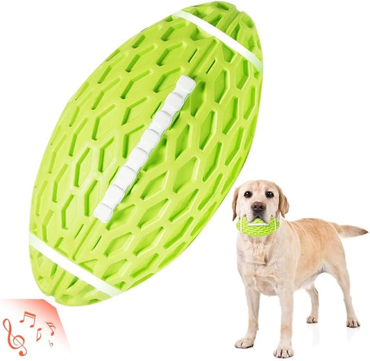 AUSCAT Squeaky Dog Football Toy, Dog Chew Toy, Tough Rubber Dog Ball for Medium Large Dogs, Green, Large, 5.5"