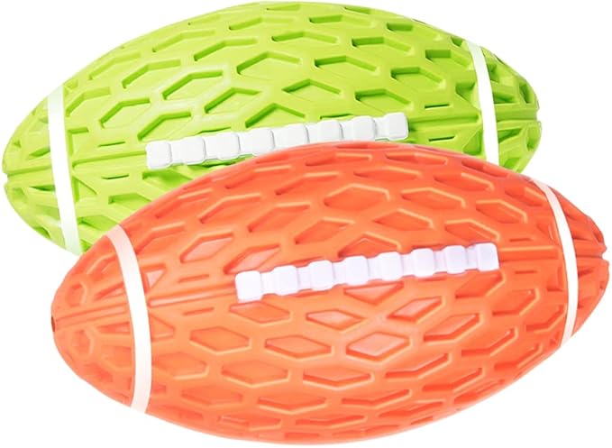 AUSCAT 2PCS Squeaky Dog Football Toy, Dog Chew Toy, Tough Rubber Dog Ball for Small Medium Dogs, Green and Orange, Small Size, 4.1''