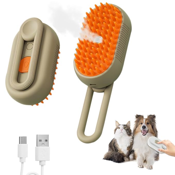 2025 New Cat Steam Brush, Upgrade 4 in 1 Multifunctional Pet Steam Groomer Comb, Silicone Steam Pet Self Cleaning Cat Brush for Removing Tangled And Loosse Hair (Khaki)