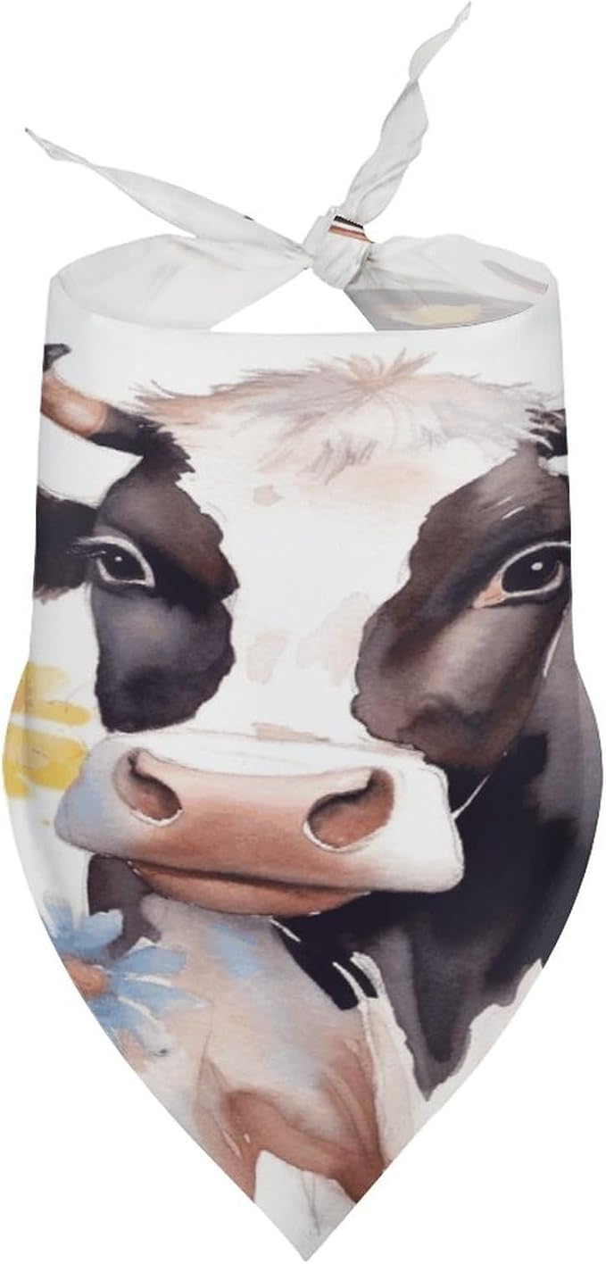 Dog Bandana Spring Pet Scarf Adjustable Triangle Watercolor Cow and Daisy Flower Printing Dog Bib Washable Polyester Puppy Bandana for Small Medium Large Dogs Cat Birthday Party Supplies