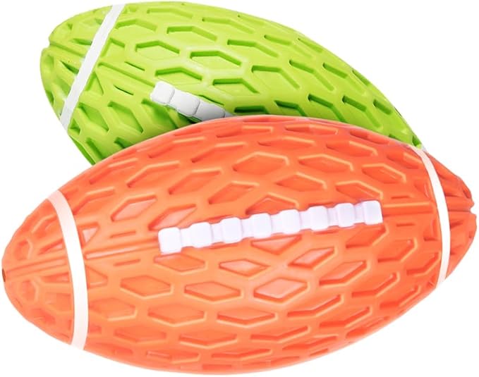 AUSCAT 2PCS Squeaky Dog Football Toy, Dog Chew Toy, Tough Rubber Dog Ball for Medium Large Dogs, Green and Orange, Large, 5.5"