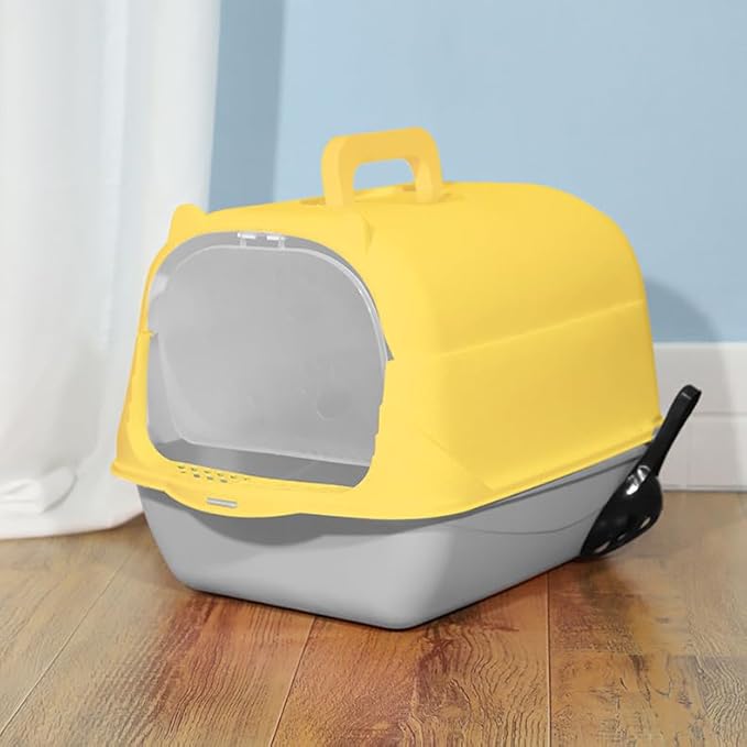Cat Litter Box Enclosure Anti Splashcat Cat Toilet with Handle Clamshell Deodorization Kitty Litter Box Cat Supplies (Blue-Yellow)