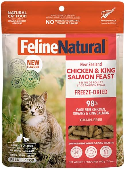Feline Natural Freeze Dried Cat Food - Grain-Free and High Protein Cat Food from New Zealand, Complete Meal or Topper for Kittens, Adults, and Senior Cats, Chicken and King Salmon, 3.5oz