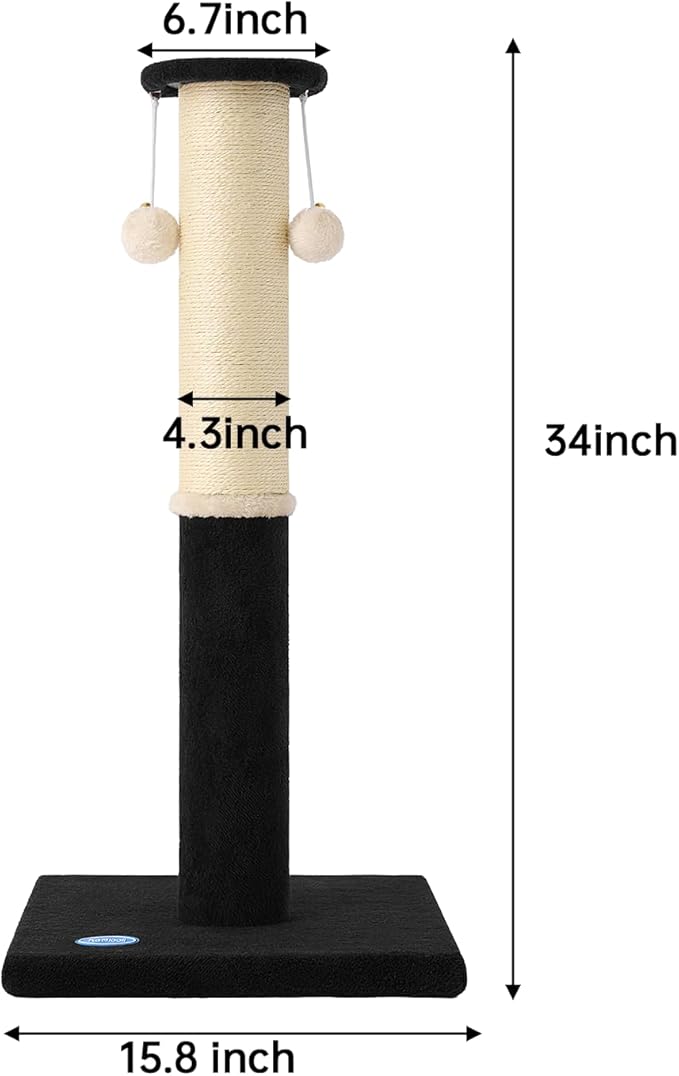 34-Inch Tall Cat Scratching Post, Komicoll Large Carpet Scratch Post, Sisal Cat Scratcher, Sturdy and Durable Cat Post with Hanging Ball for Indoor Cats