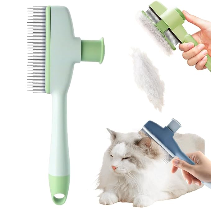 Flea Comb for Cats & Dogs, 2025 New Pet Hair Removal Comb with Release Button, Pet Grooming Brush Cat Dog Combs, Self-Cleaning Cat Brush for Short and Long Hair Cats (Green)