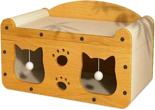 Multi-Function Cat Scratcher House Box,3-in-1 Scratch Pad and Soft Bed & Play Cave with Toys, Durable Build & Ideal for Cats/Kitty (Yellow,MD-CAT1)