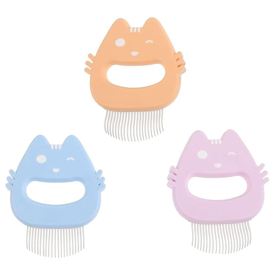3pcs Pet Hair Brush Set with Silicone Handle Shell Comb for Cat and Dog Grooming Portable Reusable Kitten Brush for Indoor Fur Removal Includes Purple Blue and Yellow