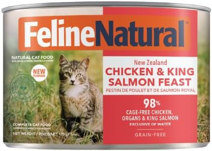 Feline Natural New Zealand Canned Wet Food, High-Meat, Low-Carb, & Grain Free Cat Food Wet, Chicken and King Salmon, 6 oz, Pack of 12