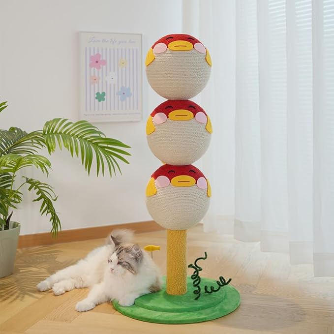Cute Puffer Fish Cat Scratching Post – 3-Tier Climbing Tower with Sisal Rope, Flannel Base & Interactive Toy – Vertical Cat Tree Furniture for Indoor Cats & Kittens