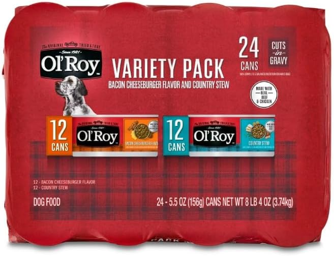 Ol's~Roys Wet Dog Food Variety Pack ~ 24 Cans ~ 5.5 Oz Each ~ Bacon Cheeseburger Flavor & Country Stew Cuts in Gravy, Complete and Balanced, Soft Texture, Small to Large Breeds, No Artificial Flavors.