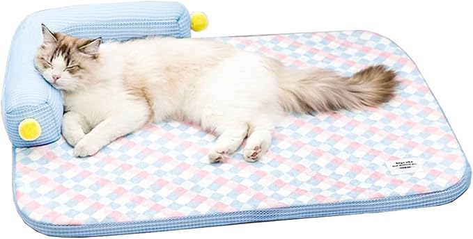 Cooling Cat Bed with Pillow – L-Shaped Sofa Design, Breathable Summer Mat for Kittens & Cats, Machine-Washable Cushion Calming Bed for Persian, Siamese, Small Pets (Blue, 21"x15"x4")