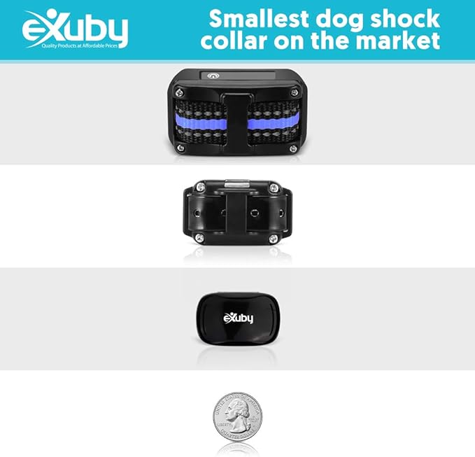 eXuby - Tiny Shock Collar for Small Dogs 5-15lbs - Smallest Collar on The Market - Sound, Vibration, & Shock - 9 Intensity Levels - Pocket-Size Remote - Long Battery Life - Water-Resistant - Black